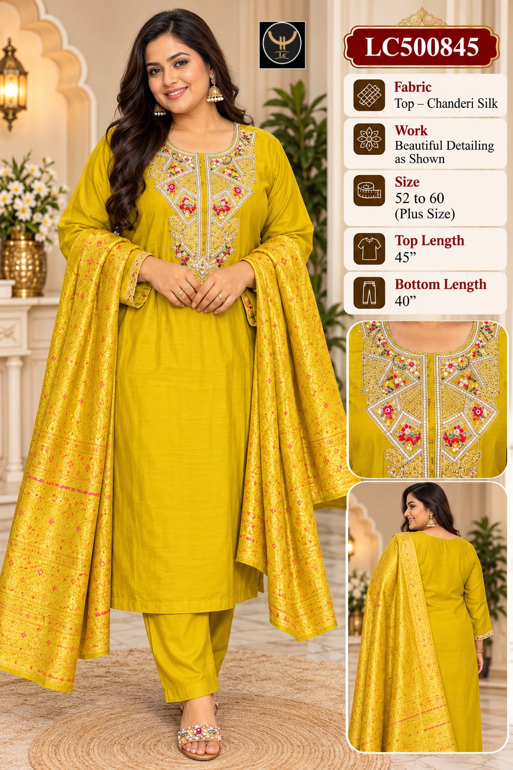 Plus Size Chanderi Silk Embroidered 3-Piece Suit Set 