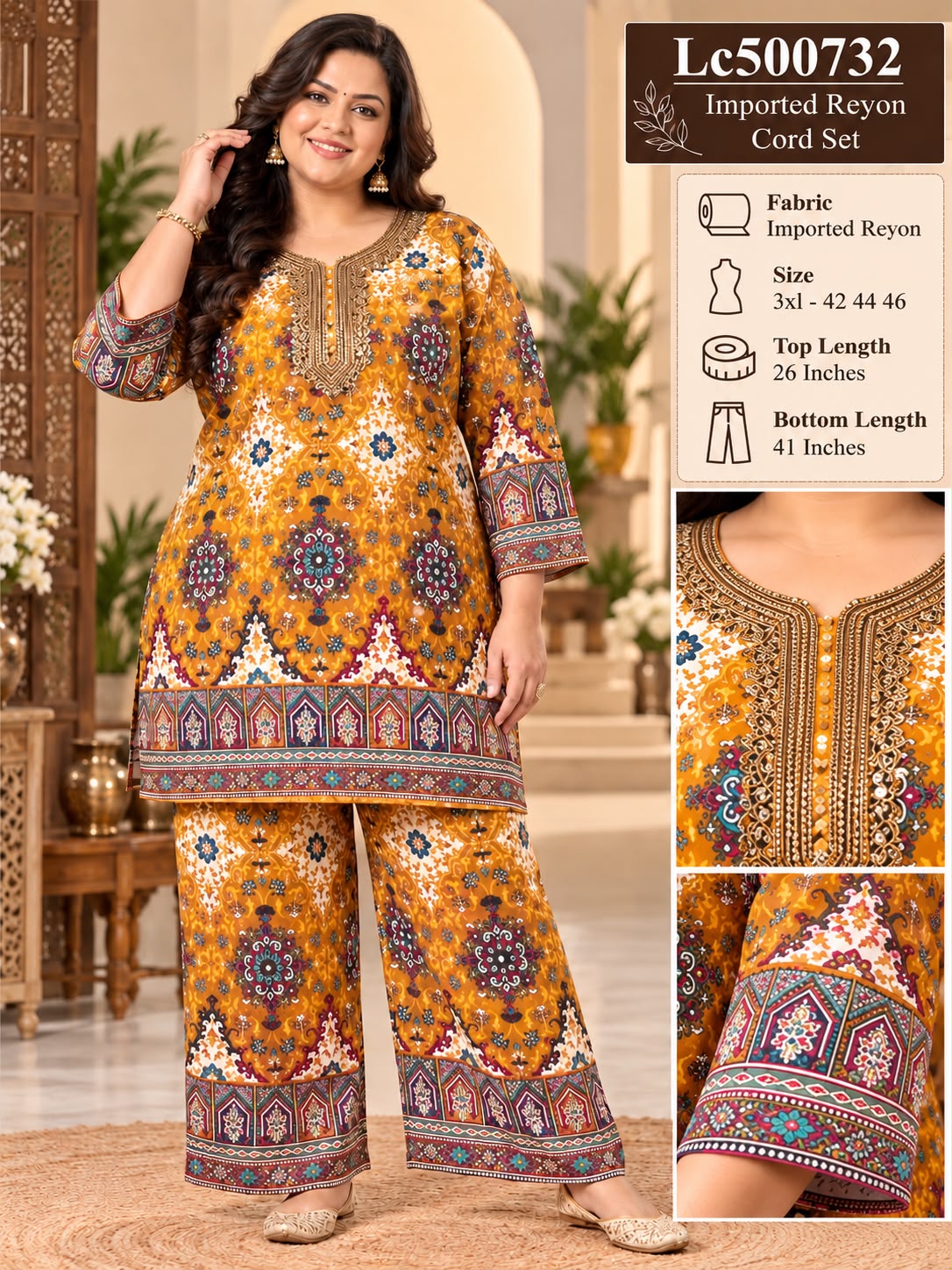 Women's Plus Size Cotton Rayon Lace & Sequins Work Co-Ord Set